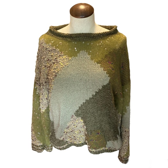 Knitting Needles multimedia sweater. Sequined & color blocked design. Sz L Green - Picture 1 of 7